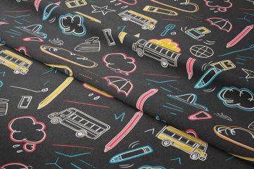 Back to School- Okula Dönüş, Bulut, Cetvel, Okul Otobüsü, Kalem Desenli Dijital Baskılı Kumaş
