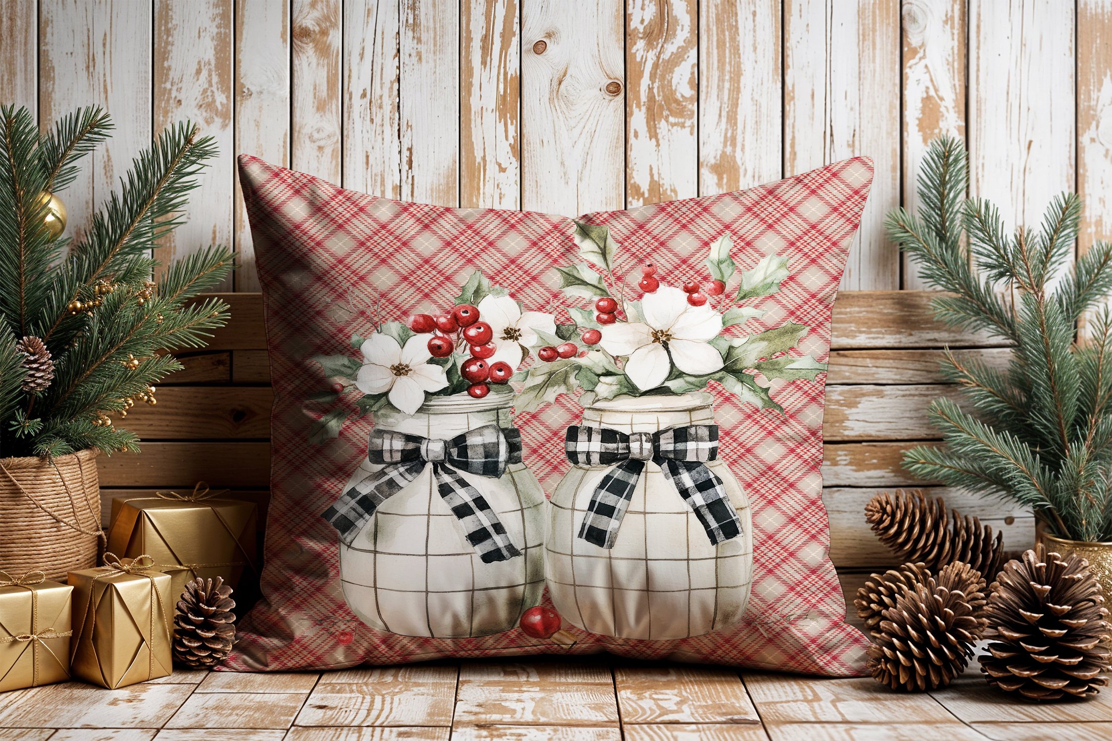 Yılbaşı Koleksiyonu- 45x45 cm Dikilmemiş 2’li Kırlent Paneli – Vintage Ekose Zemin Yılbaşı Kurdeleli Kokinalı Vazolar