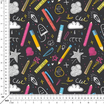 Back to School- Okula Dönüş, Bulut, Yıldız, Cetvel, Kalem Desenli Dijital Baskılı Kumaş