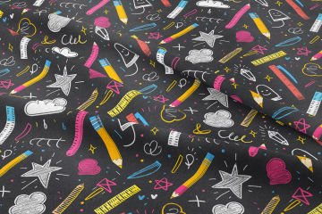 Back to School- Okula Dönüş, Bulut, Yıldız, Cetvel, Kalem Desenli Dijital Baskılı Kumaş