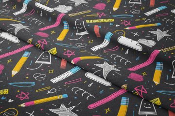 Back to School- Okula Dönüş, Bulut, Yıldız, Cetvel, Kalem Desenli Dijital Baskılı Kumaş