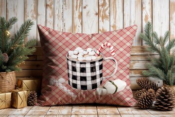 Yılbaşı Koleksiyonu- 45x45 cm Dikilmemiş 2’li Kırlent Paneli – Vintage Ekose Zemin Yılbaşı Buzlu Kahve Keyfi