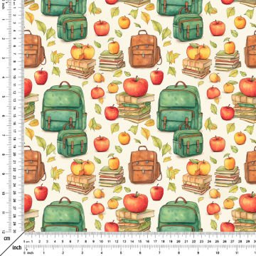 Back to School- Okula Dönüş, Yeşil Sırt Çantası, Kitaplar, Elma, Yaprak Desenli Dijital Baskılı Kumaş