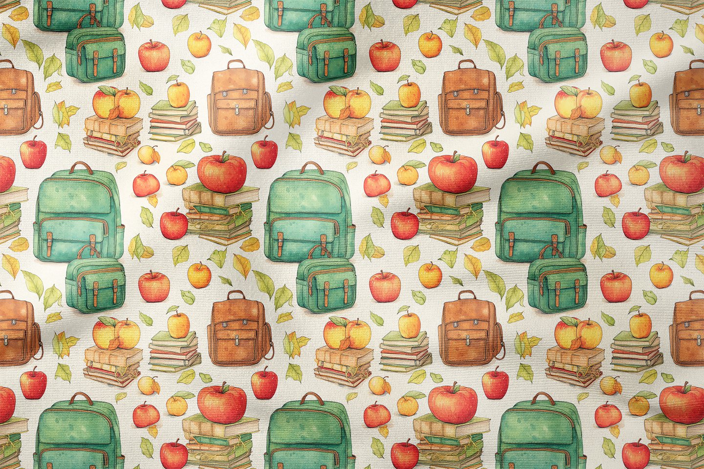 Back to School- Okula Dönüş, Yeşil Sırt Çantası, Kitaplar, Elma, Yaprak Desenli Dijital Baskılı Kumaş