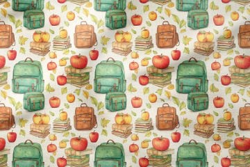 Back to School- Okula Dönüş, Yeşil Sırt Çantası, Kitaplar, Elma, Yaprak Desenli Dijital Baskılı Kumaş