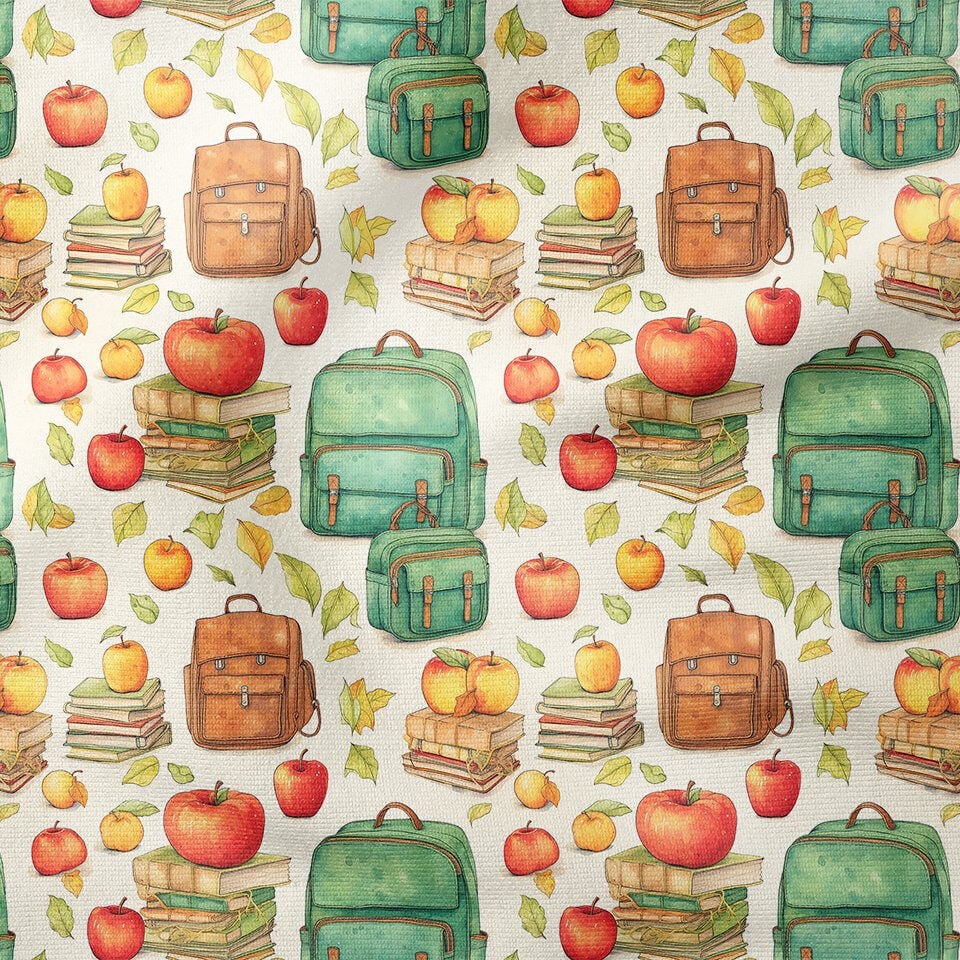 Back to School- Okula Dönüş, Yeşil Sırt Çantası, Kitaplar, Elma, Yaprak Desenli Dijital Baskılı Kumaş