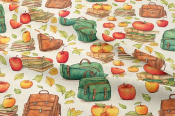 Back to School- Okula Dönüş, Yeşil Sırt Çantası, Kitaplar, Elma, Yaprak Desenli Dijital Baskılı Kumaş