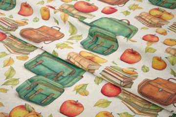 Back to School- Okula Dönüş, Yeşil Sırt Çantası, Kitaplar, Elma, Yaprak Desenli Dijital Baskılı Kumaş
