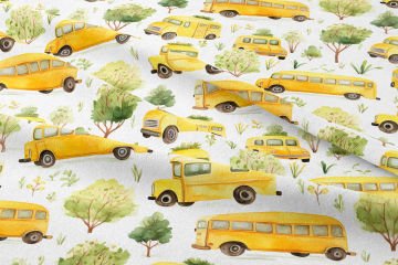 Back to School- Okula Dönüş, Ağaçlar Arasında Sarı Okul Otobüsü Desenli Dijital Baskılı Kumaş