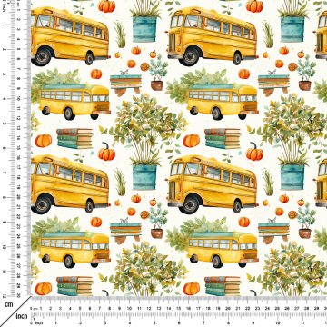 Back to School- Okula Dönüş, Ağaçlar Arasında, Kitaplar ve Sarı Okul Otobüsü Desenli Dijital Baskılı Kumaş