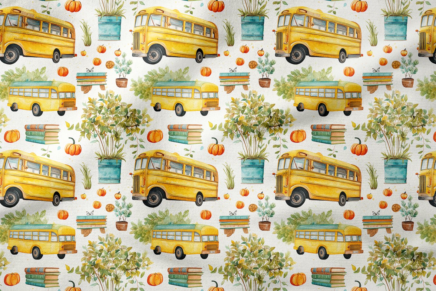 Back to School- Okula Dönüş, Ağaçlar Arasında, Kitaplar ve Sarı Okul Otobüsü Desenli Dijital Baskılı Kumaş