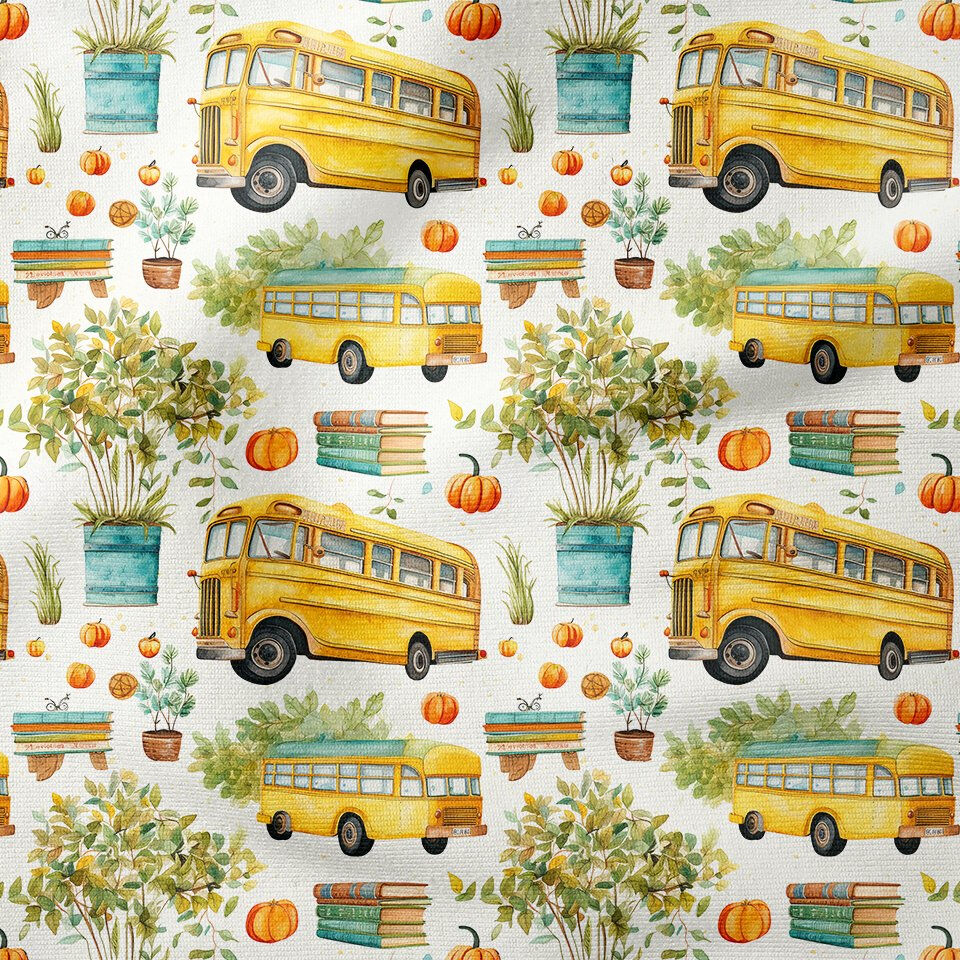 Back to School- Okula Dönüş, Ağaçlar Arasında, Kitaplar ve Sarı Okul Otobüsü Desenli Dijital Baskılı Kumaş