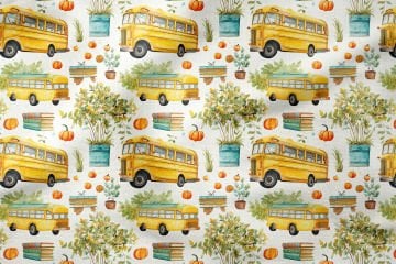 Back to School- Okula Dönüş, Ağaçlar Arasında, Kitaplar ve Sarı Okul Otobüsü Desenli Dijital Baskılı Kumaş