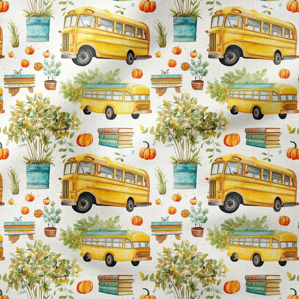 Back to School- Okula Dönüş, Ağaçlar Arasında, Kitaplar ve Sarı Okul Otobüsü Desenli Dijital Baskılı Kumaş