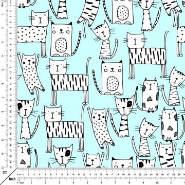 Mavi Zeminli Kedi Desenli Kumaş