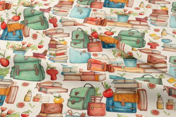 Back to School- Okula Dönüş, Kitaplar, Okul Çantası ve Meyveler Desenli Dijital Baskılı Kumaş