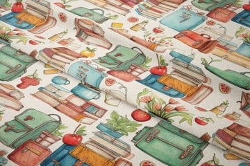 Back to School- Okula Dönüş, Kitaplar, Okul Çantası ve Meyveler Desenli Dijital Baskılı Kumaş