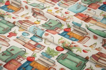 Back to School- Okula Dönüş, Kitaplar, Okul Çantası ve Meyveler Desenli Dijital Baskılı Kumaş