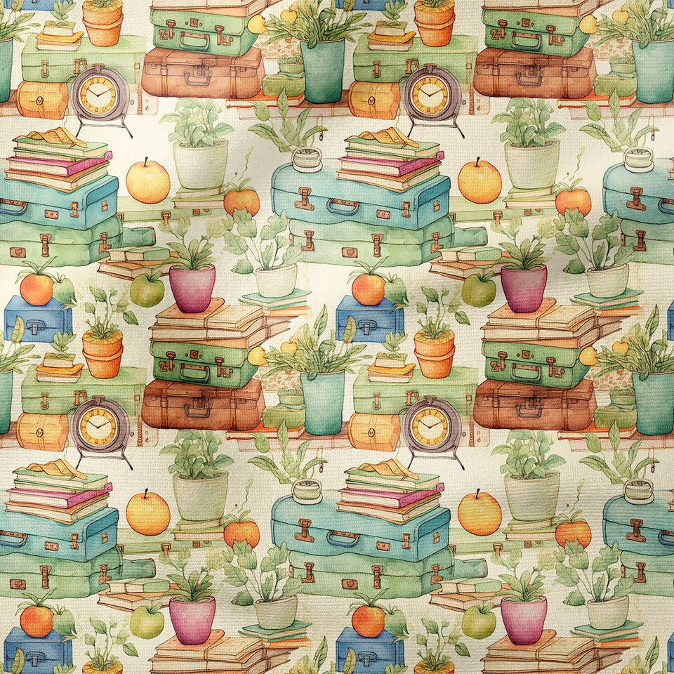 Back to School- Okula Dönüş, Vintage Okul Çantası, Kitaplar, Meyveler, Çalar Saat Desenli Dijital Baskılı Kumaş