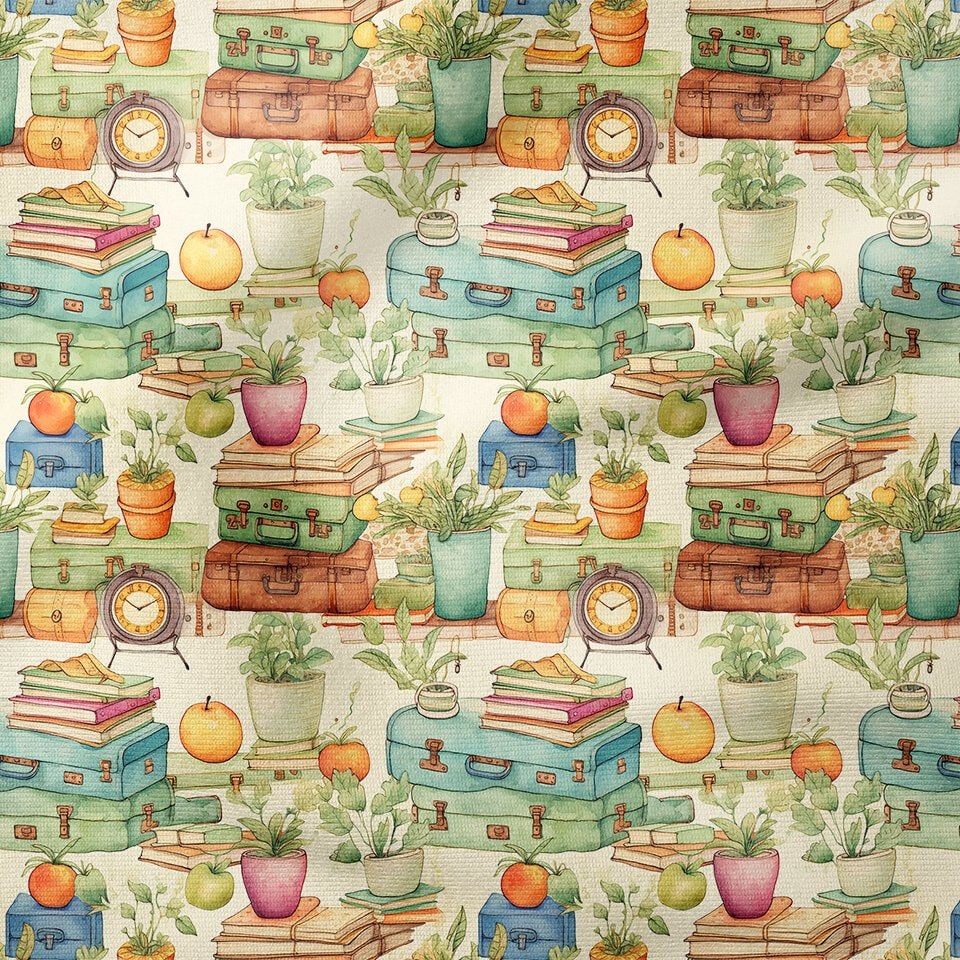 Back to School- Okula Dönüş, Vintage Okul Çantası, Kitaplar, Meyveler, Çalar Saat Desenli Dijital Baskılı Kumaş