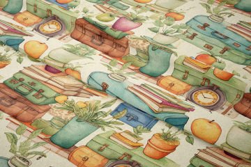 Back to School- Okula Dönüş, Vintage Okul Çantası, Kitaplar, Meyveler, Çalar Saat Desenli Dijital Baskılı Kumaş