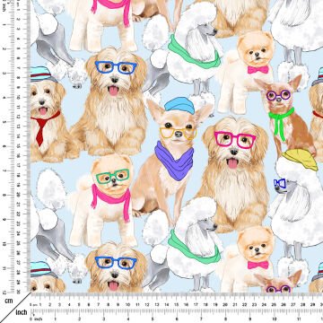 Mavi Zeminli Gözlüklü Sevimli Köpek Desenli Kumaş