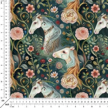 Çiçekler Arasında At Kafaları Desenli Çok Amaçlı Dekoratif Dijital Baskı Kumaş