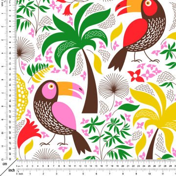 Renkli Ağaçlı Papağanlı Dijital Baskılı Kumaş
