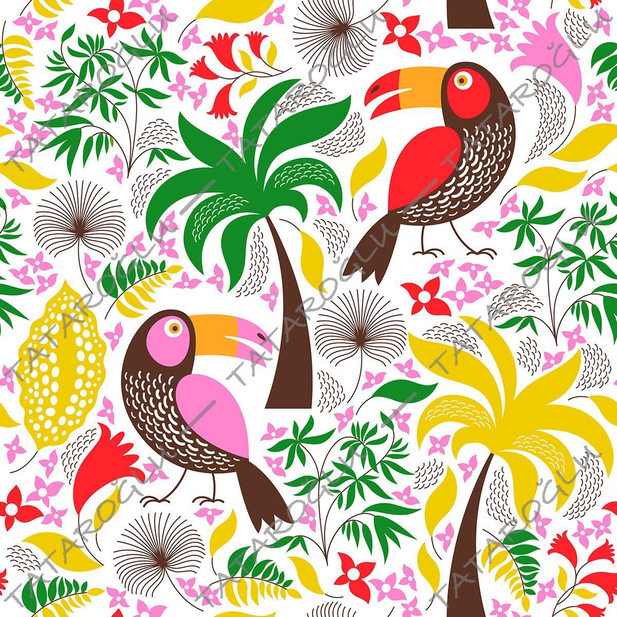 Renkli Ağaçlı Papağanlı Dijital Baskılı Kumaş