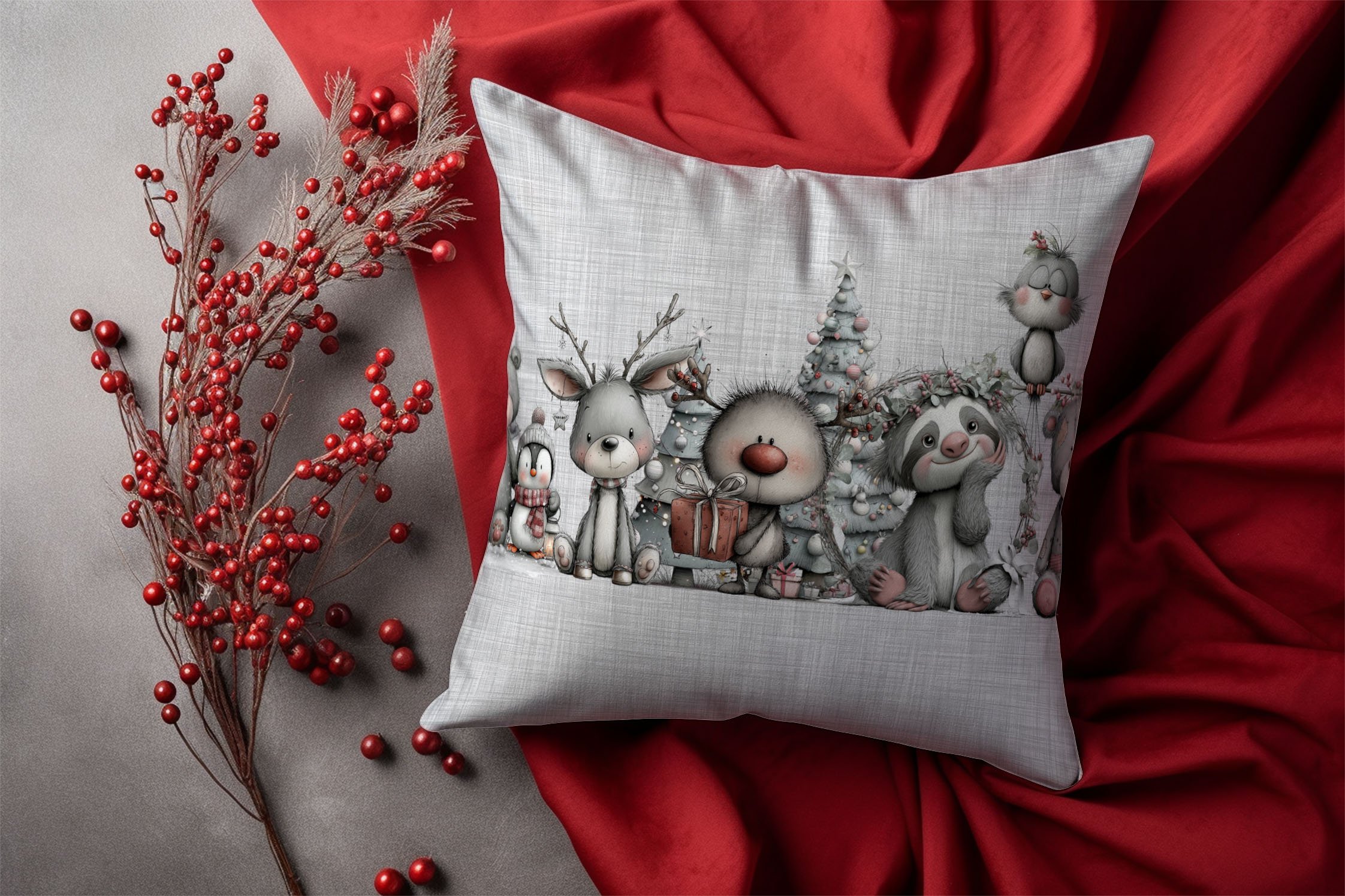 Yılbaşı Koleksiyonu- 45x45 cm Dikilmemiş 2’li Kırlent Paneli – Vintage Keten Zemin Yılbaşı Sevimli Hayvanlar