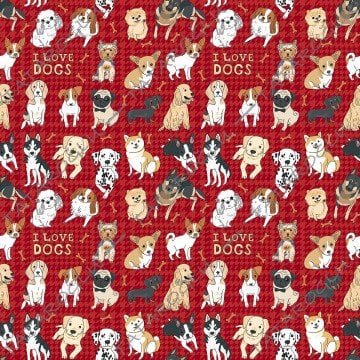 Kırmızı Zeminli Renkli Köpek Desenli Kumaş