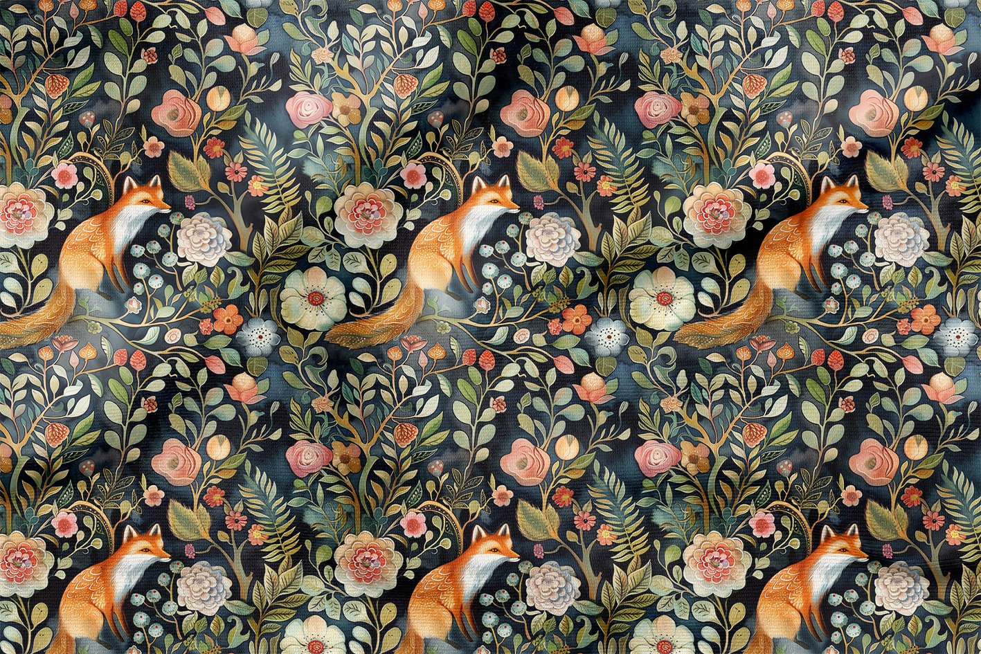 Multi-Purpose Decorative Digital Printed Fabric with Fox Pattern Among Flowers