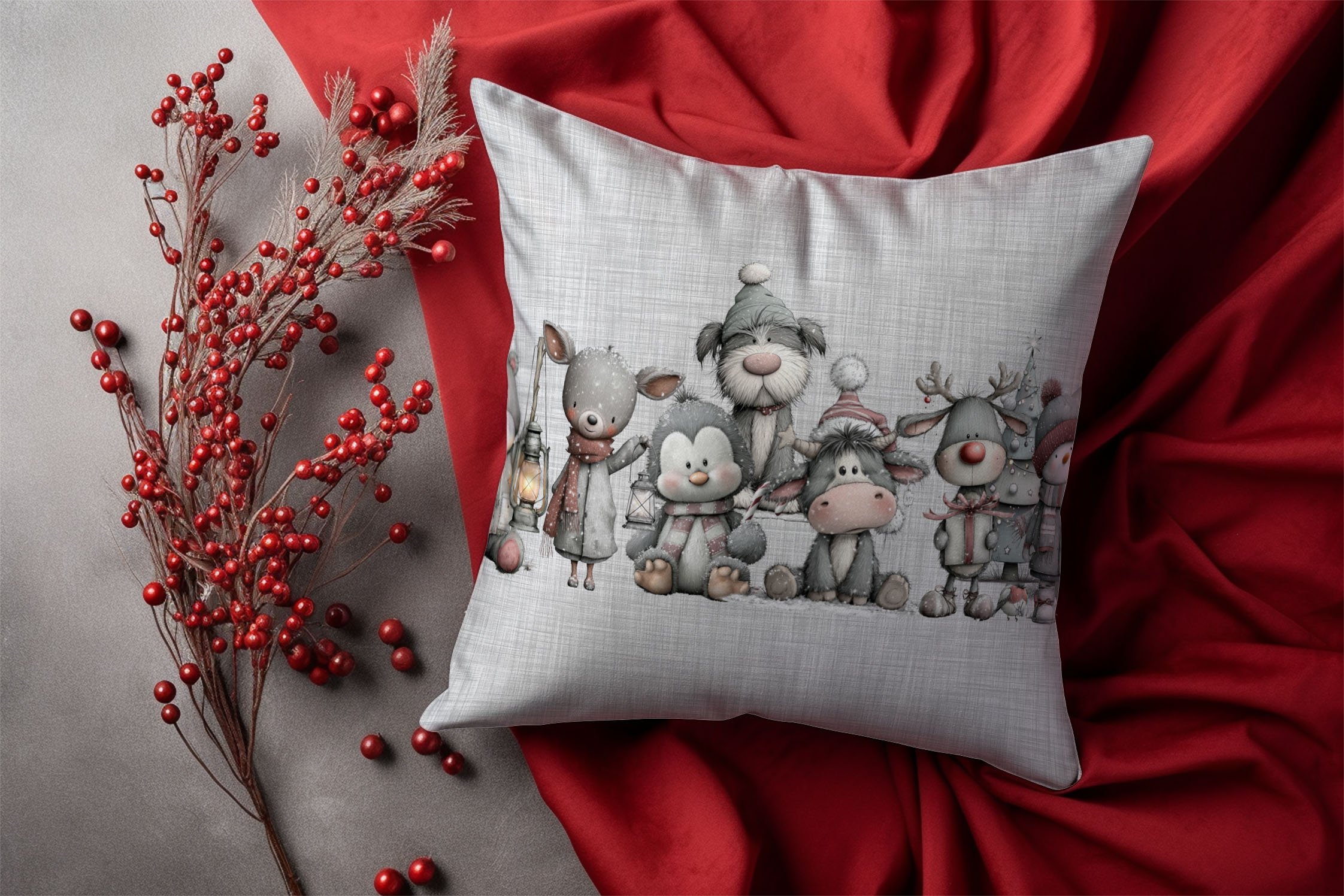 Yılbaşı Koleksiyonu- 45x45 cm Dikilmemiş 2’li Kırlent Paneli – Vintage Keten Zemin Yılbaşı Sevimli Hayvanlar