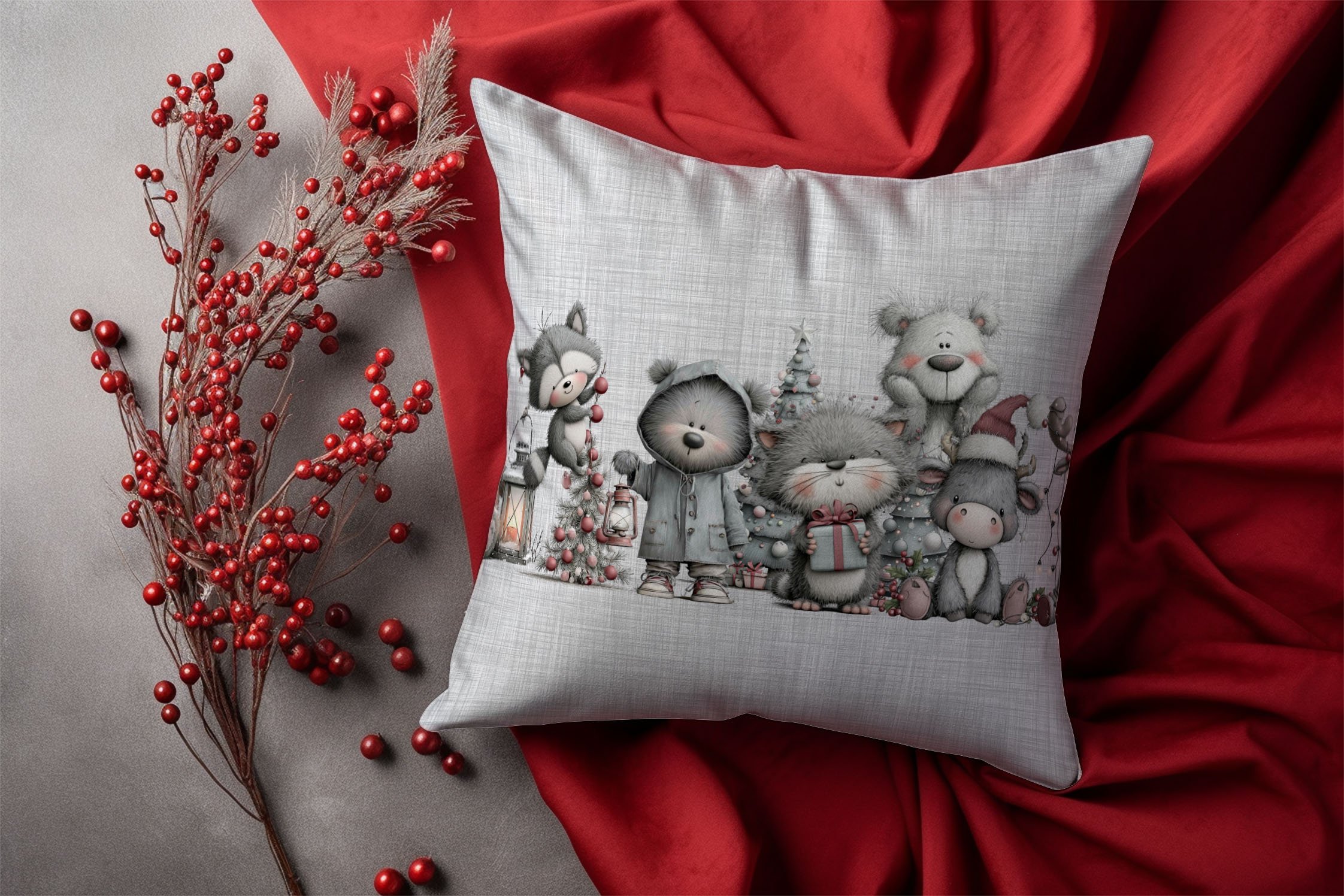 Yılbaşı Koleksiyonu- 45x45 cm Dikilmemiş 2’li Kırlent Paneli – Vintage Keten Zemin Yılbaşı Sevimli Hayvanlar