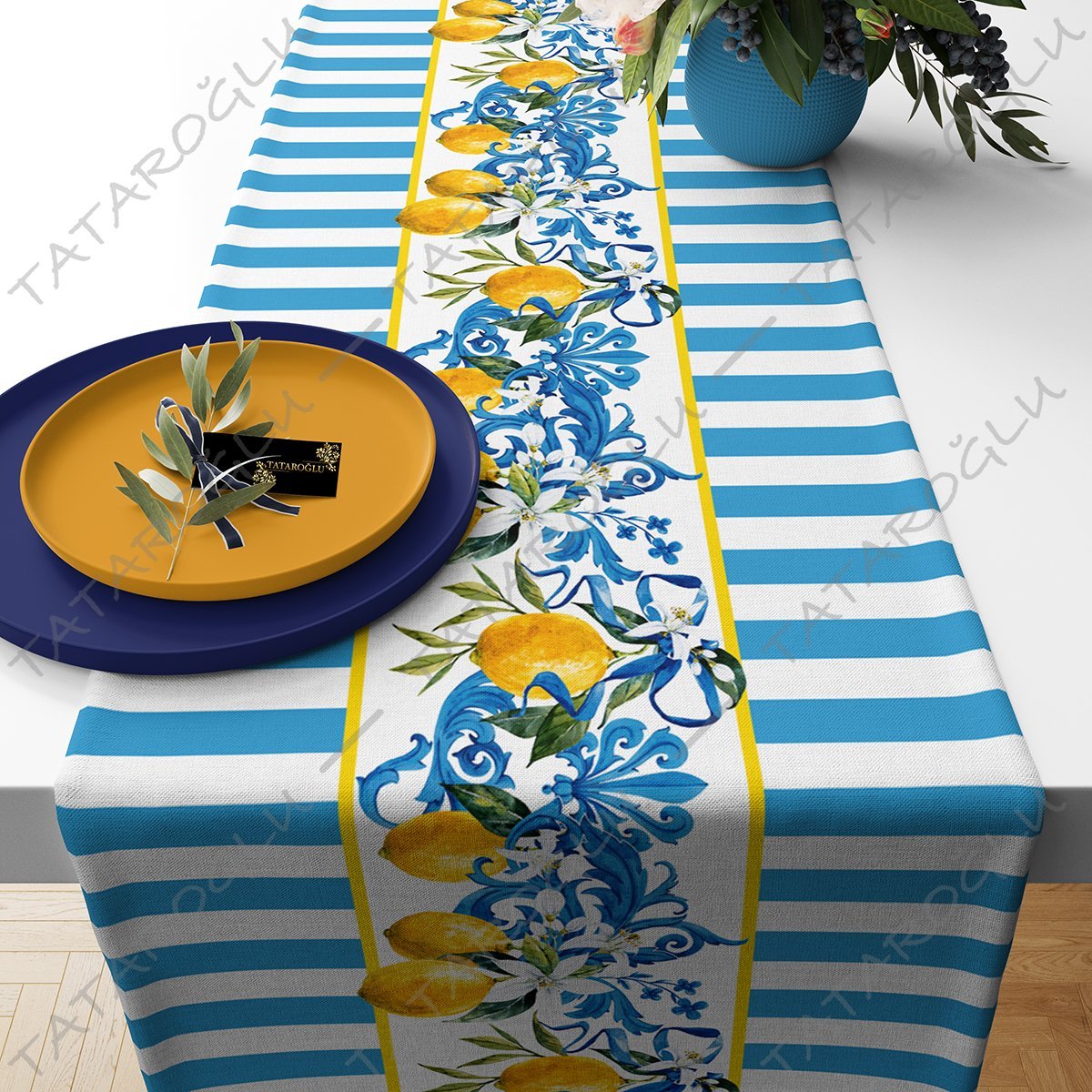 50 cm'lik Runner Mavi Çizgili Versace Limon Desenli