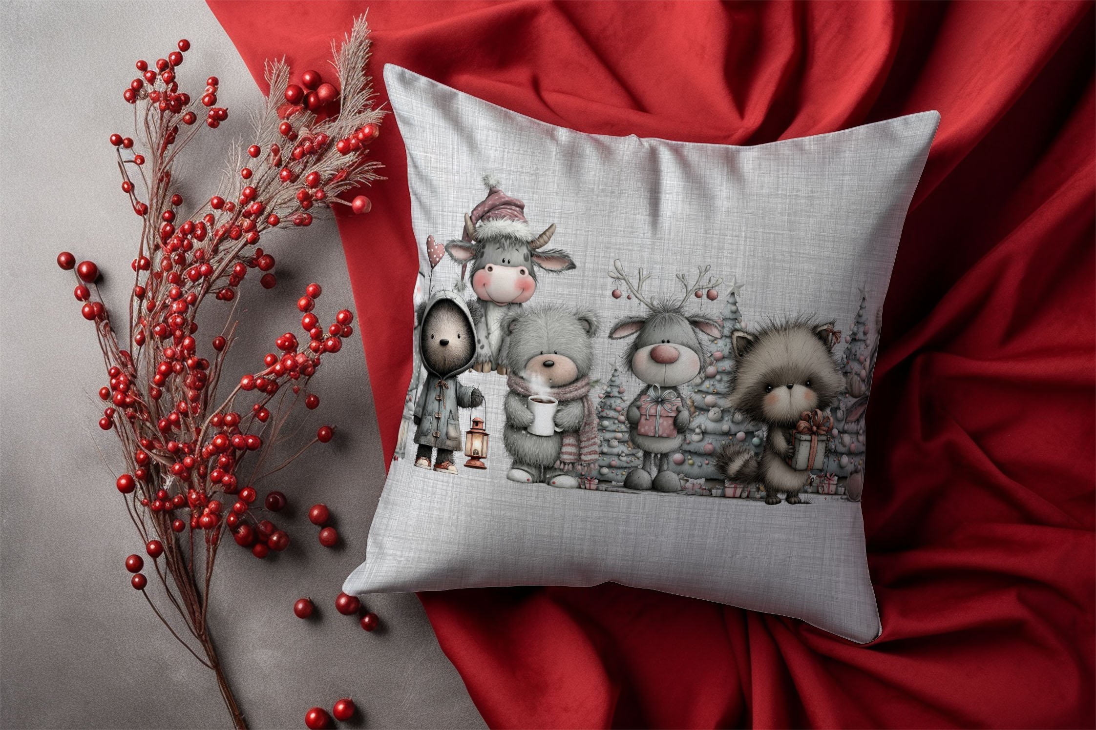 Yılbaşı Koleksiyonu- 45x45 cm Dikilmemiş 2’li Kırlent Paneli – Vintage Keten Zemin Yılbaşı Sevimli Hayvanlar