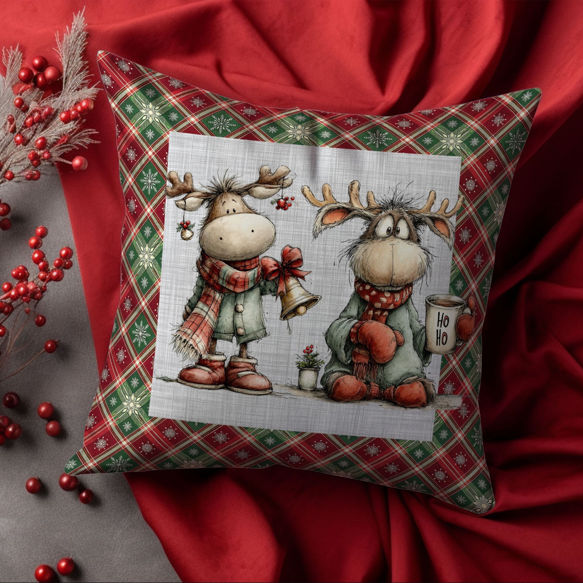 Yılbaşı Koleksiyonu- 45x45 cm Dikilmemiş 2’li Kırlent Paneli – Vintage Ekose Zemin Yılbaşı Sevimli Hayvanlar