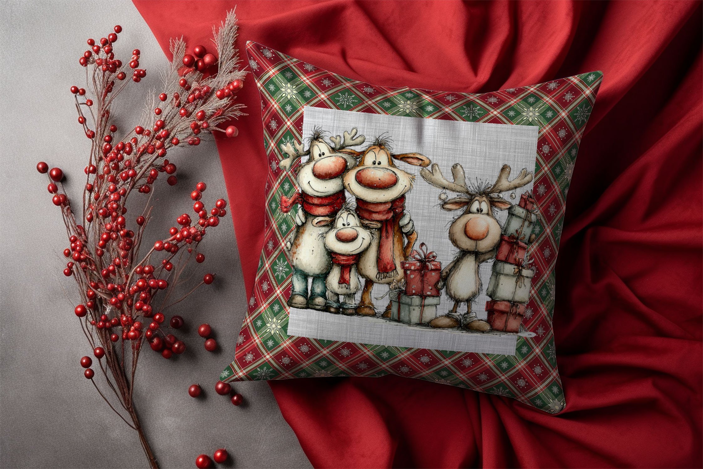 Yılbaşı Koleksiyonu- 45x45 cm Dikilmemiş 2’li Kırlent Paneli – Vintage Ekose Zemin Yılbaşı Sevimli Hayvanlar