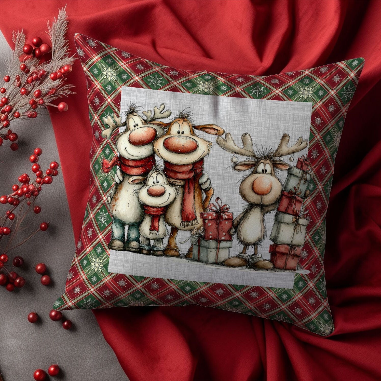 Yılbaşı Koleksiyonu- 45x45 cm Dikilmemiş 2’li Kırlent Paneli – Vintage Ekose Zemin Yılbaşı Sevimli Hayvanlar