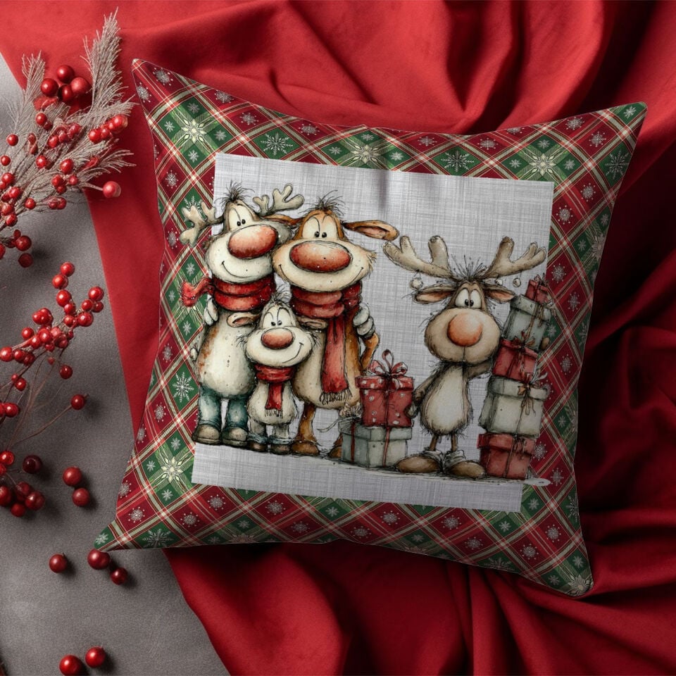 Yılbaşı Koleksiyonu- 45x45 cm Dikilmemiş 2’li Kırlent Paneli – Vintage Ekose Zemin Yılbaşı Sevimli Hayvanlar