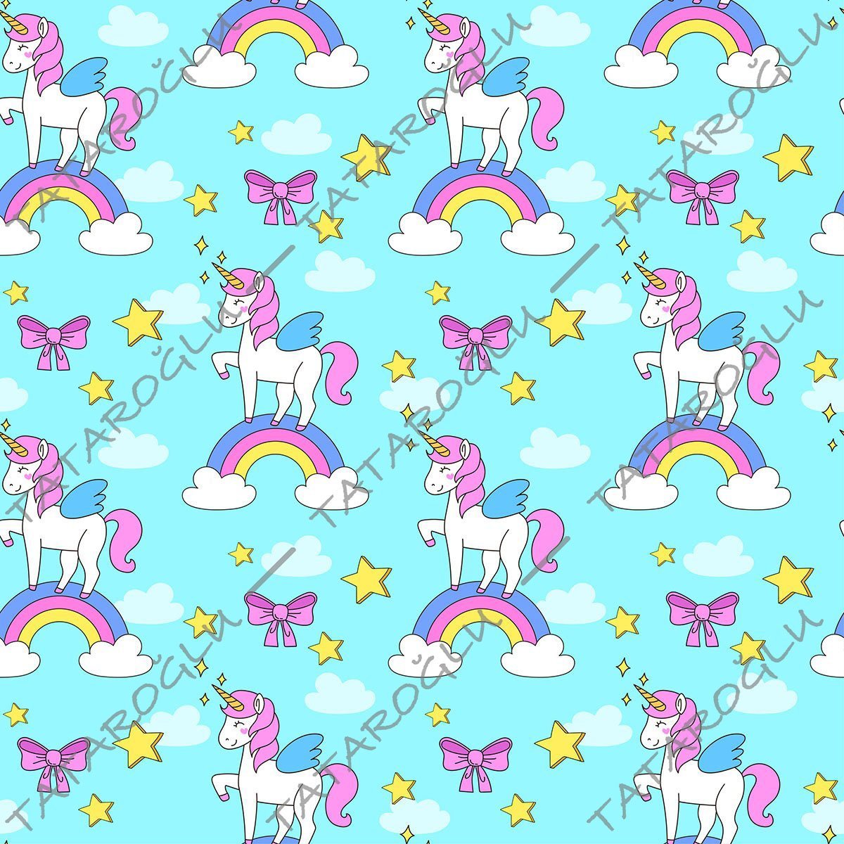 Mavi Zeminli Sevimli Unicorn Desenli Kumaş