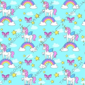 Mavi Zeminli Sevimli Unicorn Desenli Kumaş