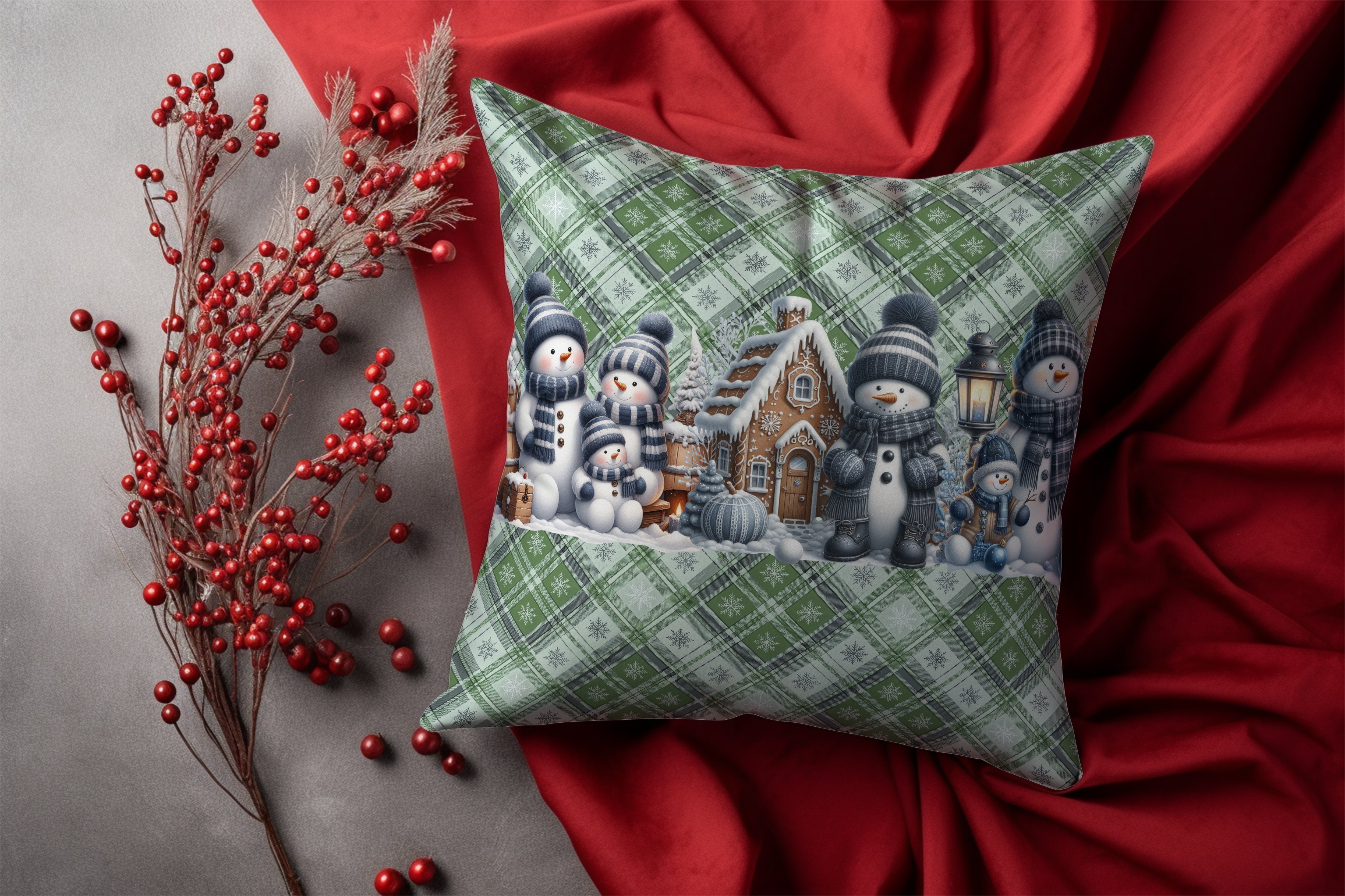 Yılbaşı Koleksiyonu- 45x45 cm Dikilmemiş 2’li Kırlent Paneli – Vintage Ekose Zemin Yılbaşı Sevimli Kardan Adamlar