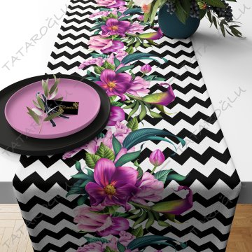 50 cm lik Runner Zigzag Zemin Üzerine Pembe Çiçekli Desen( İNDİRİM %20)