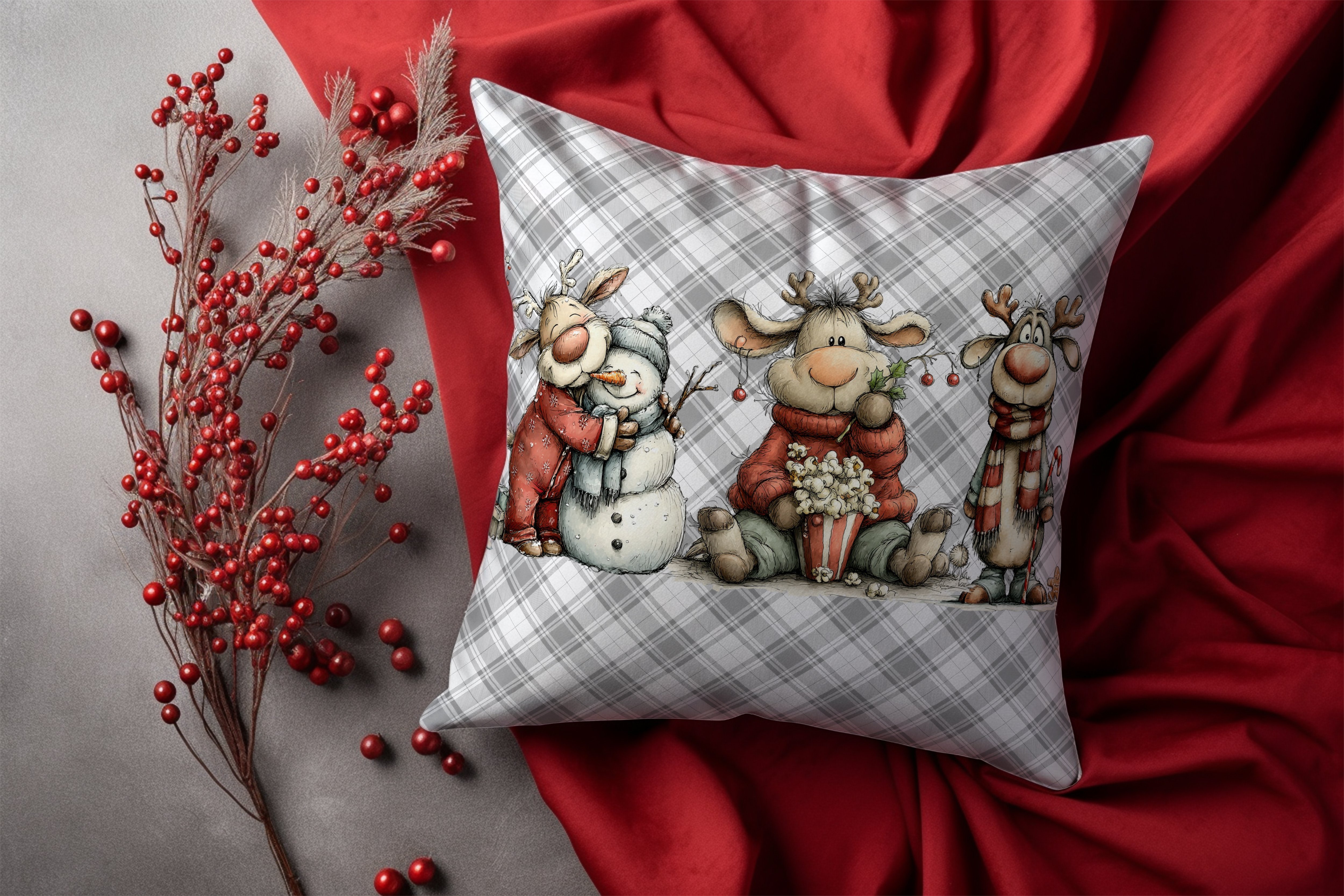 Yılbaşı Koleksiyonu- 45x45 cm Dikilmemiş 2’li Kırlent Paneli – Vintage Ekose Zemin Yılbaşı Sevimli Hayvanlar