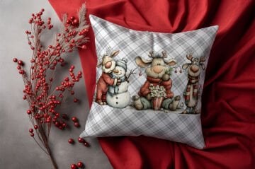 Yılbaşı Koleksiyonu- 45x45 cm Dikilmemiş 2’li Kırlent Paneli – Vintage Ekose Zemin Yılbaşı Sevimli Hayvanlar