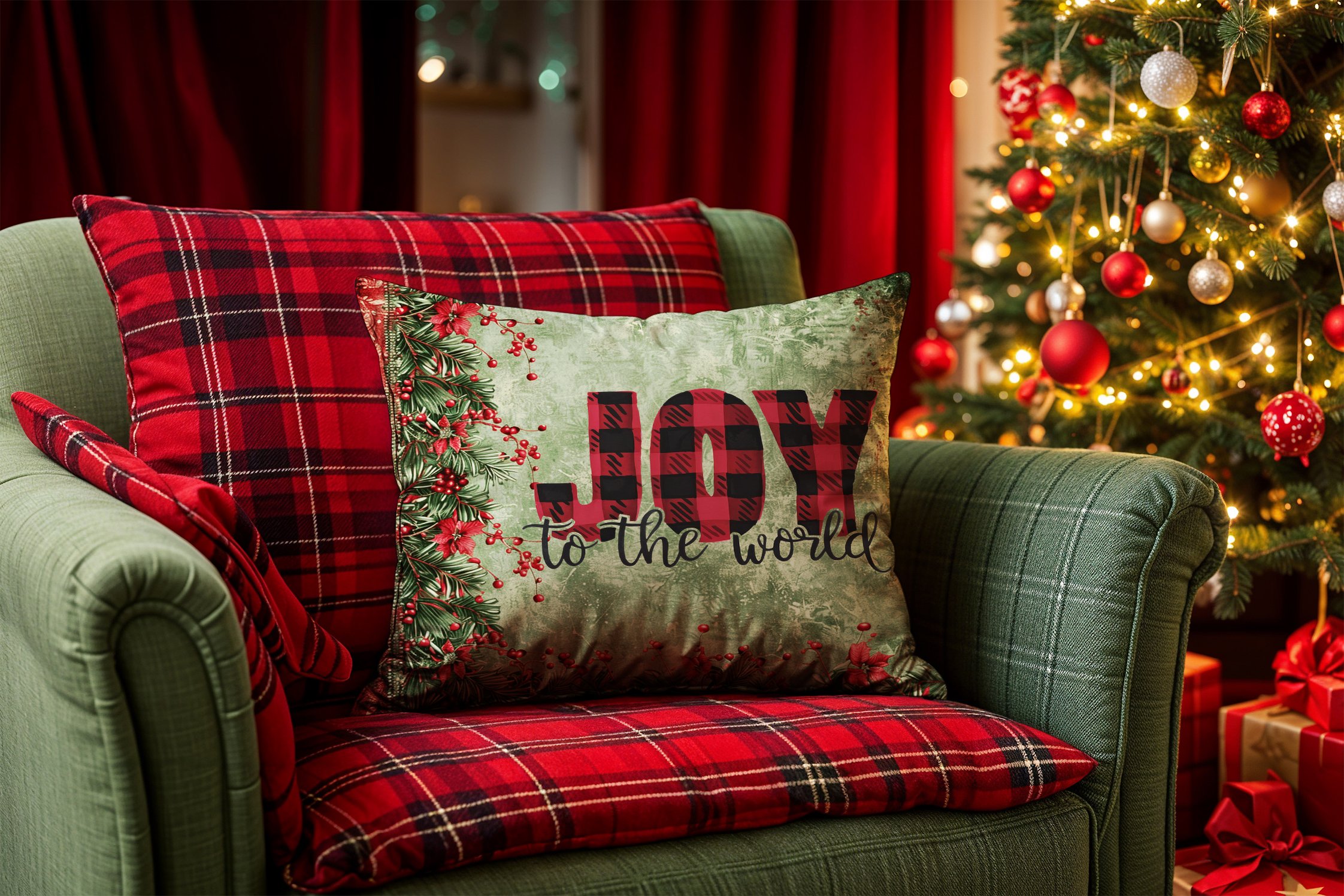 Yılbaşı Koleksiyonu- 45x45 cm Dikilmemiş 2’li Kırlent Paneli – Joy to The World Yazılı Kokina Çiçekli