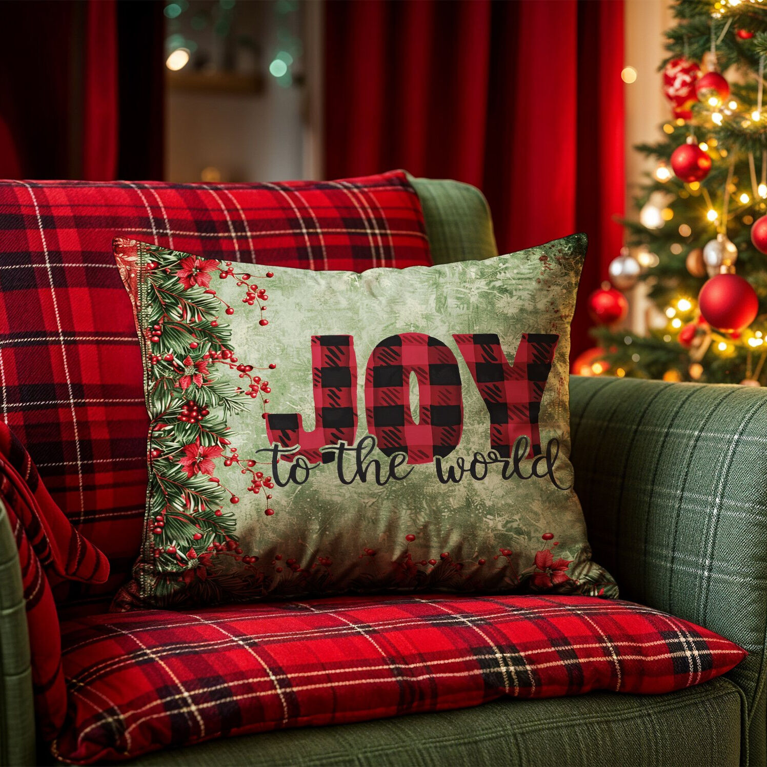 Yılbaşı Koleksiyonu- 45x45 cm Dikilmemiş 2’li Kırlent Paneli – Joy to The World Yazılı Kokina Çiçekli