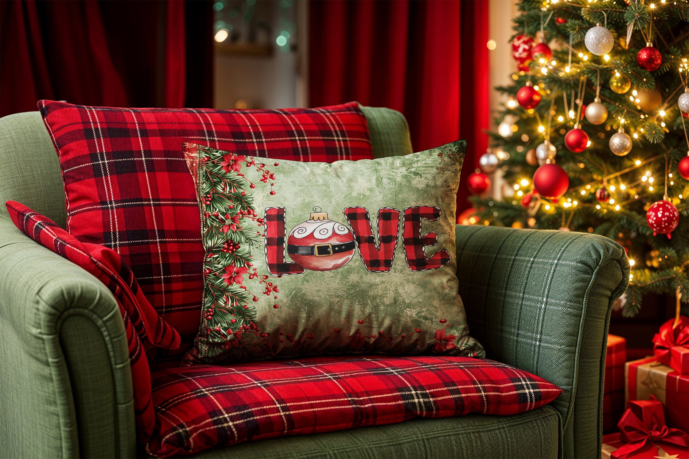 Yılbaşı Koleksiyonu- 45x45 cm Dikilmemiş 2’li Kırlent Paneli – Love Yazılı Kokina Çiçekli