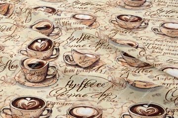 Vintage Kahve Fincanları ve El Yazısı Notlar Desenli Çok Amaçlı Dekoratif Dijital Baskı Kumaş